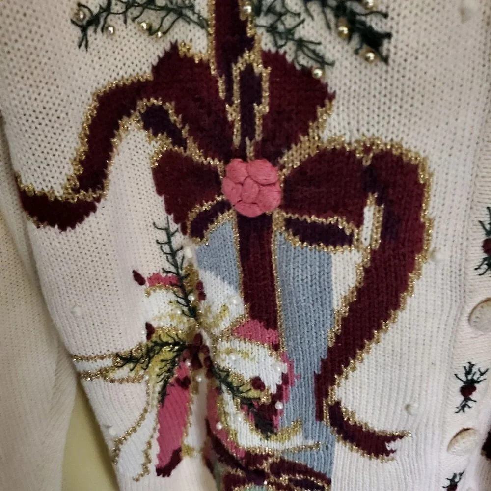 Susan Bristol Vintage 90's Pink Holiday Cardigan Sweater Size L